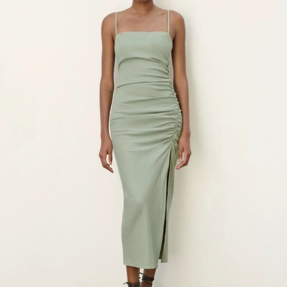 sage green ruched midi dress Amelia Sage Green Ruched Midi Dress with Mock Neck main image 1